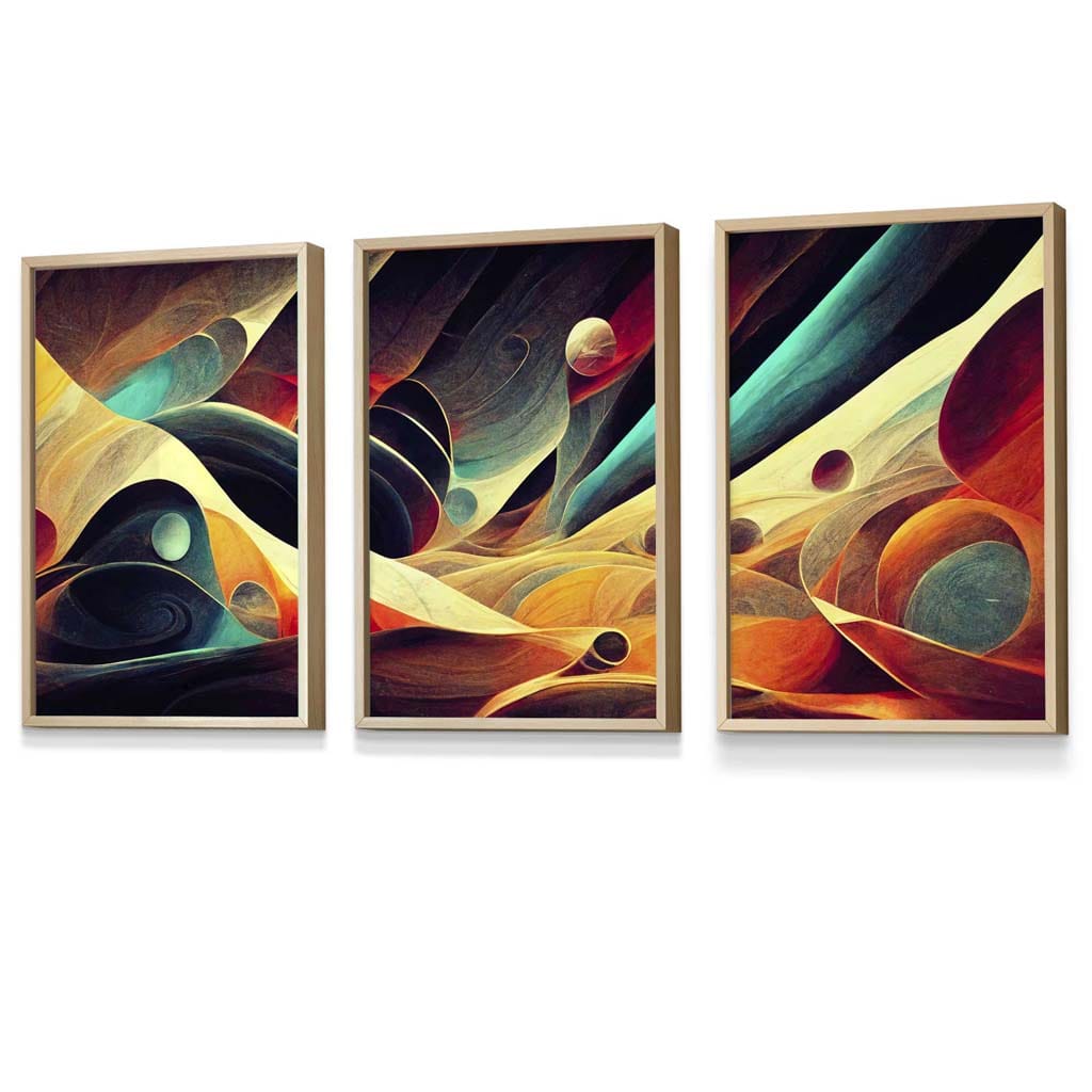 Set of 3 Geometric Abstract Bright Orange Blue and Yellow Mars Framed Art | Artze Wall Art UK