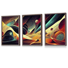 Set of 3 Geometric Abstract Bright Orange Blue and Yellow Mars Framed Art | Artze Wall Art UK