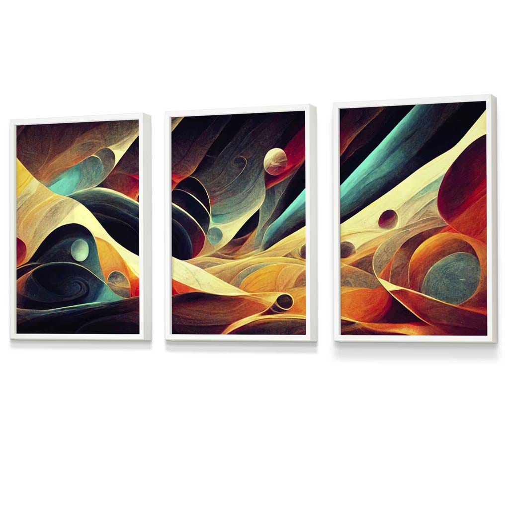 Set of 3 Geometric Abstract Bright Orange Blue and Yellow Mars Framed Art | Artze Wall Art UK