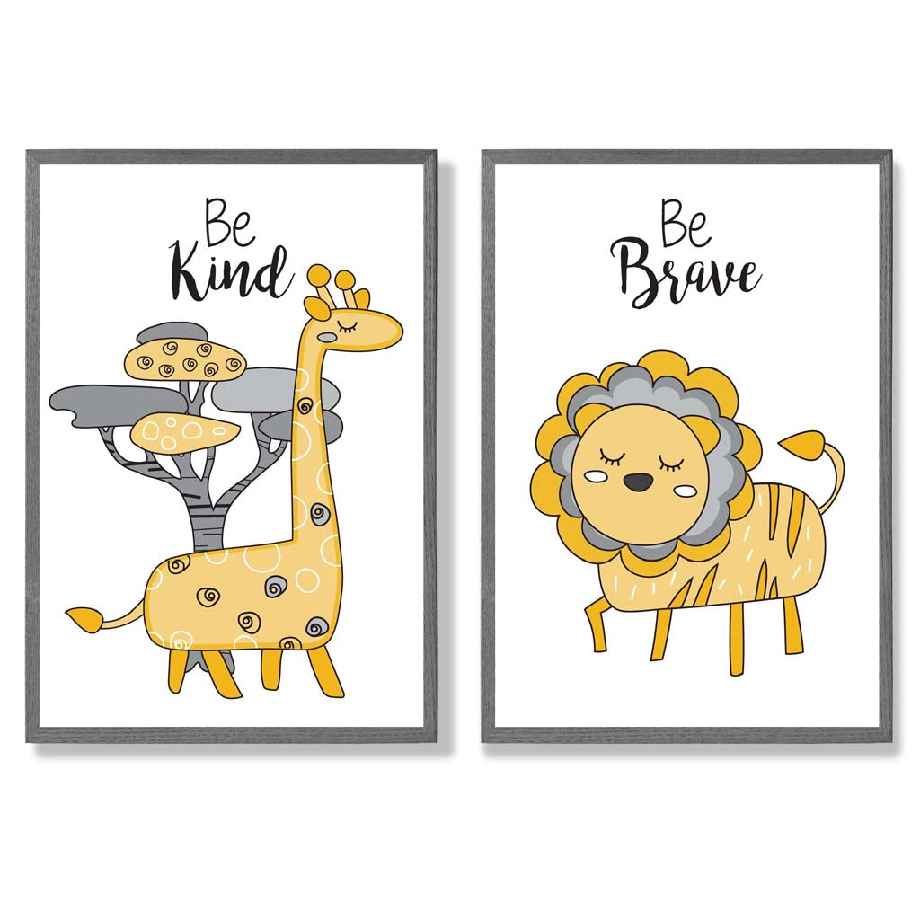 Yellow, Grey Nursery Giraffe, Lion Set of 2 Art Prints with Dark Grey Frame