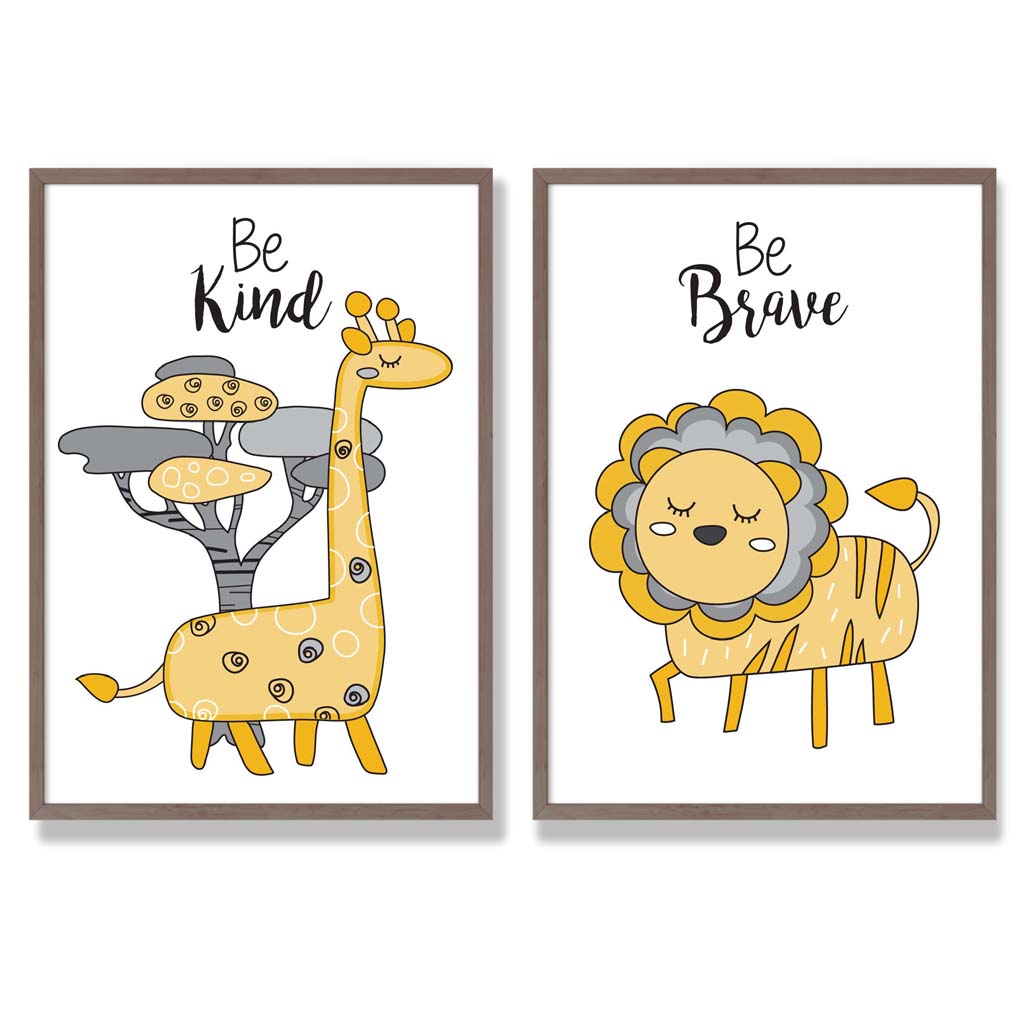 Yellow, Grey Nursery Giraffe, Lion Set of 2 Art Prints with Walnut Frame