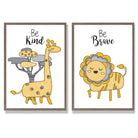 Yellow, Grey Nursery Giraffe, Lion Set of 2 Art Prints with Walnut Frame