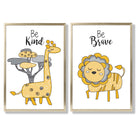Yellow, Grey Nursery Giraffe, Lion Set of 2 Art Prints with Gold Frame