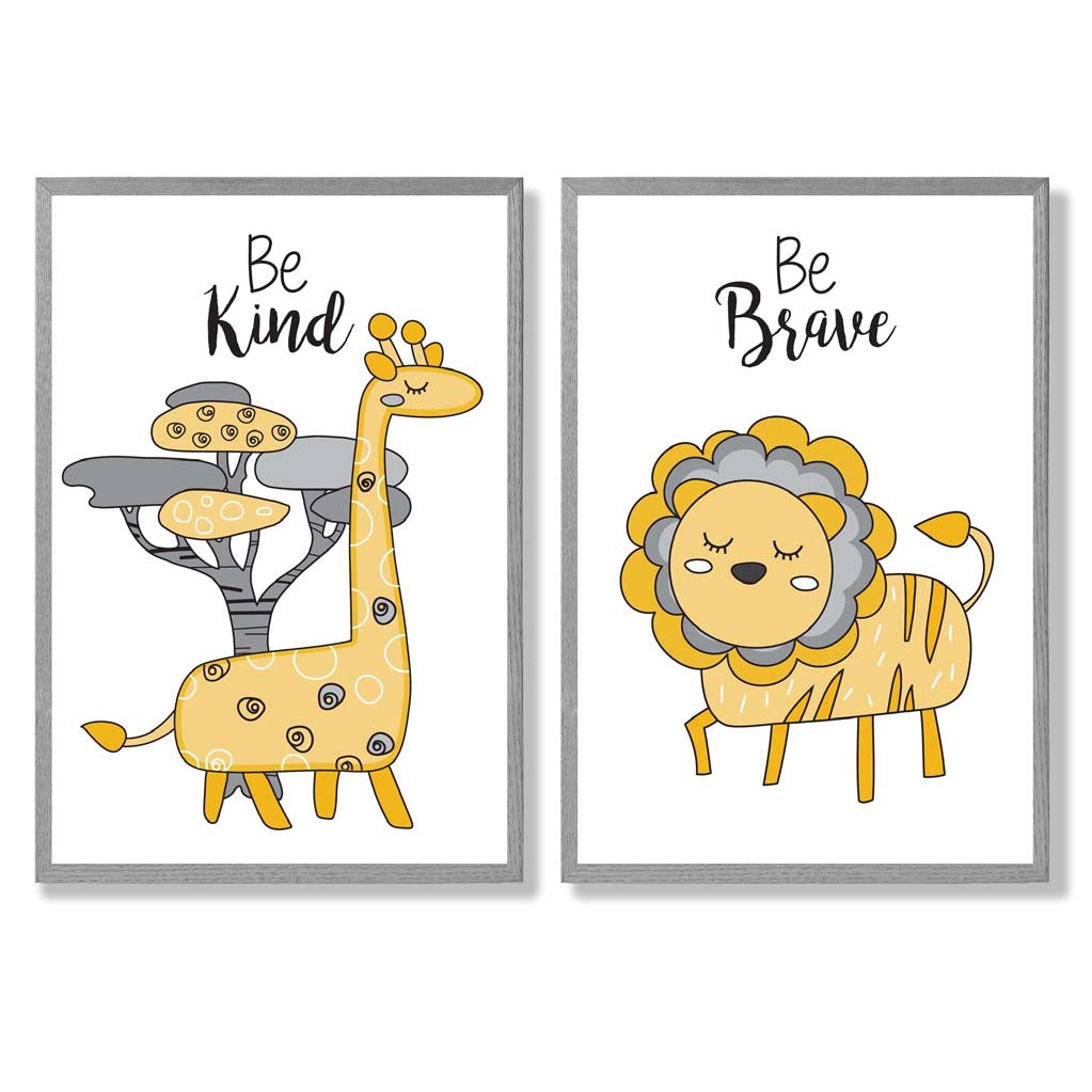 Yellow, Grey Nursery Giraffe, Lion Set of 2 Art Prints with Light Grey Frame