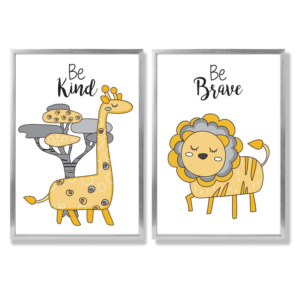 Yellow, Grey Nursery Giraffe, Lion Set of 2 Art Prints with Silver Frame