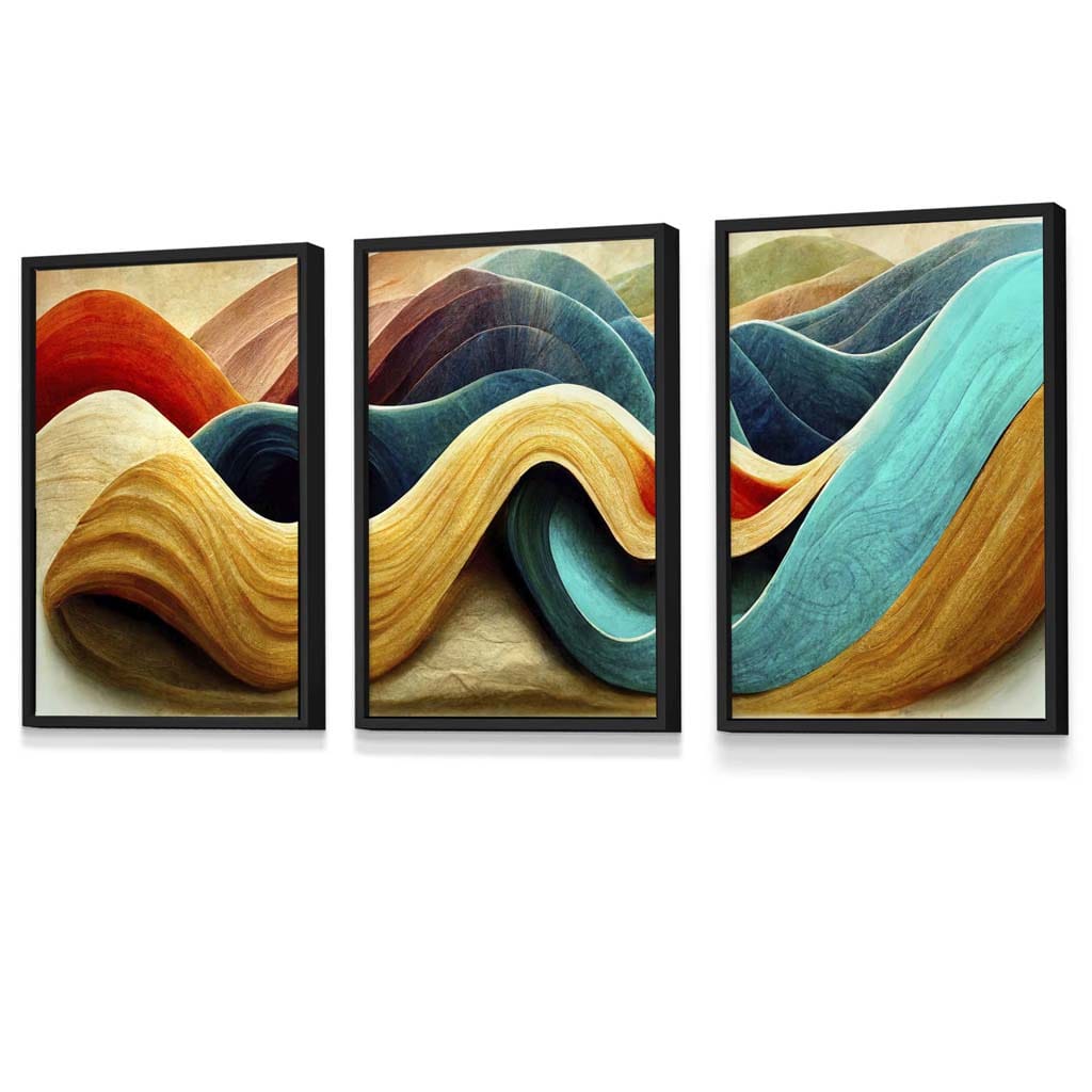 Abstract Yellow Blue Cerulean Waves Set of 3 Framed Wall Art | Artze Wall Art UK
