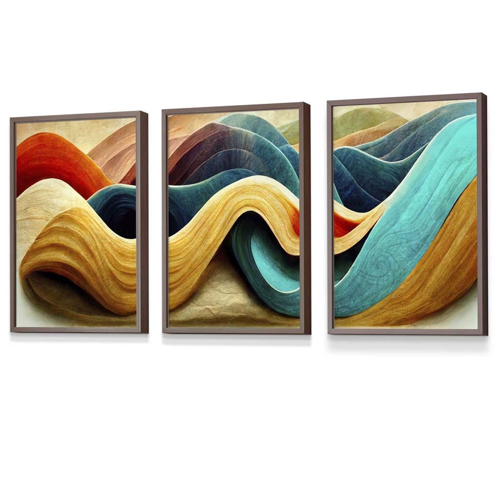 Abstract Yellow Blue Cerulean Waves Set of 3 Framed Wall Art | Artze Wall Art UK