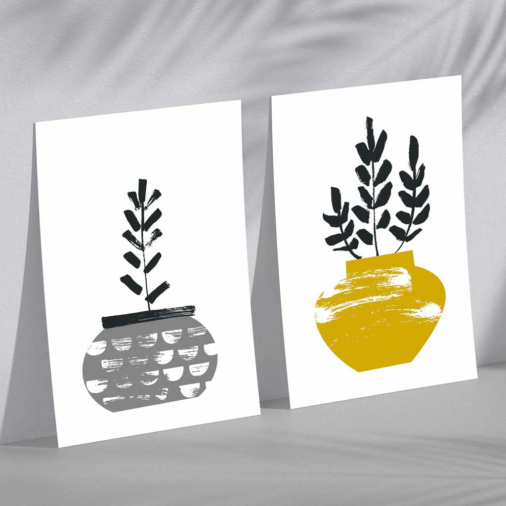 Yellow, Grey Boho Botanical Sketch Set of 2 Art Prints