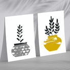 Yellow, Grey Boho Botanical Sketch Set of 2 Art Prints