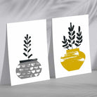 Yellow, Grey Boho Botanical Sketch Framed Set of 2 Art Prints
