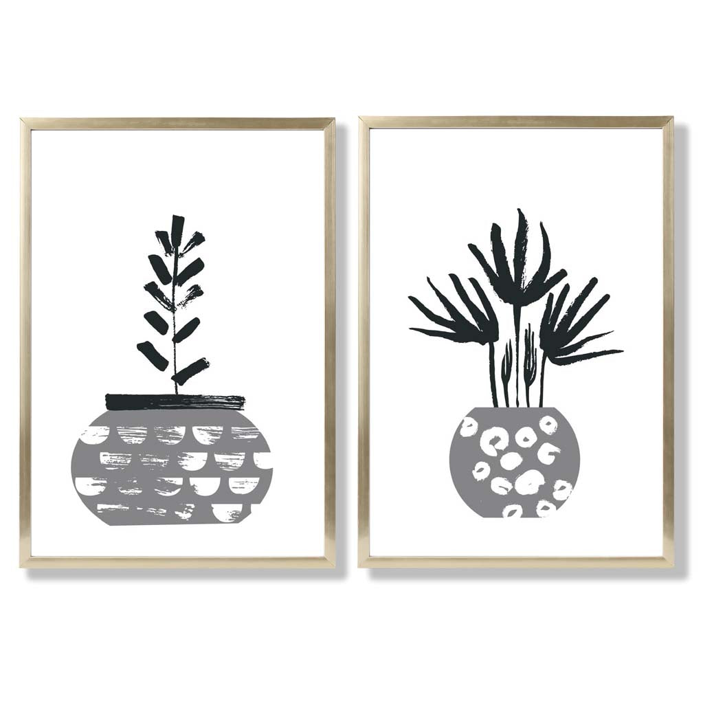 Grey Boho Botanical Sketch Set of 2 Art Prints with Gold Frame