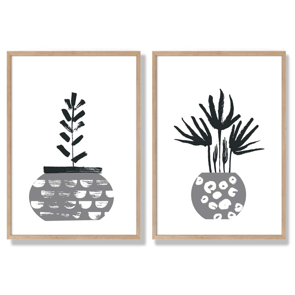 Grey Boho Botanical Sketch Set of 2 Art Prints with Oak Frame