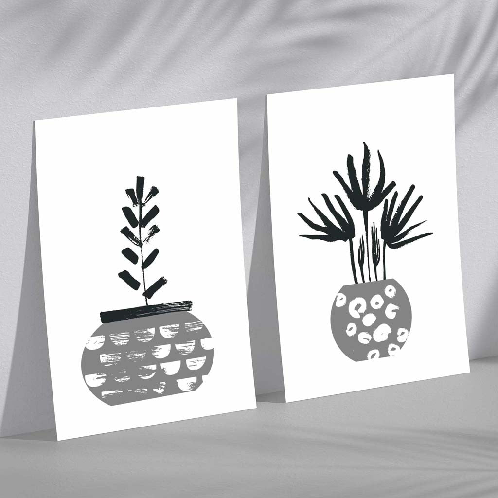 Grey Boho Botanical Sketch Set of 2 Art Prints