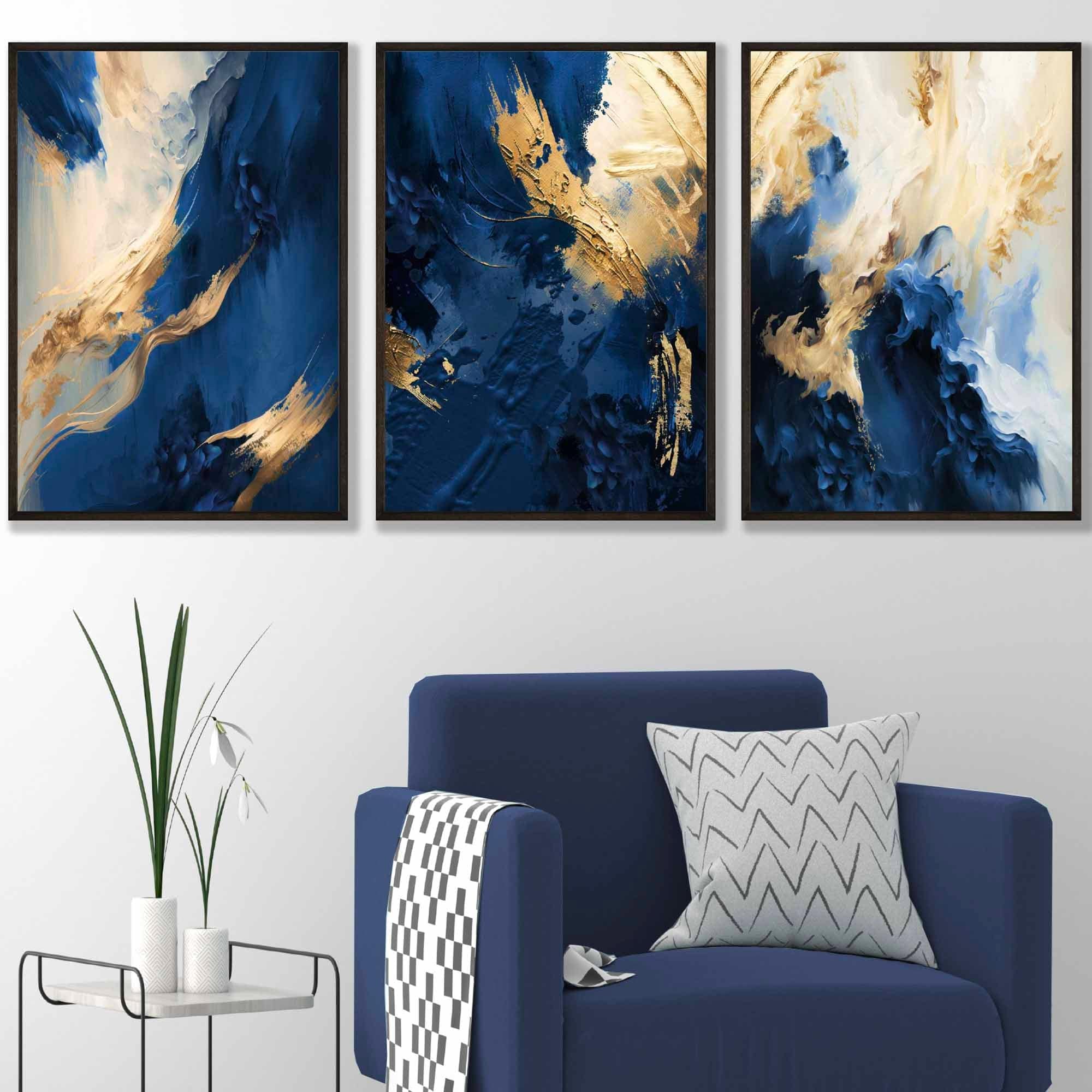 Abstract Navy Blue and Gold Set of 3 Wall Art Prints