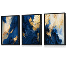 Abstract Framed Navy Blue and Gold Set of 3 Wall Art Prints | Artze Wall Art UK