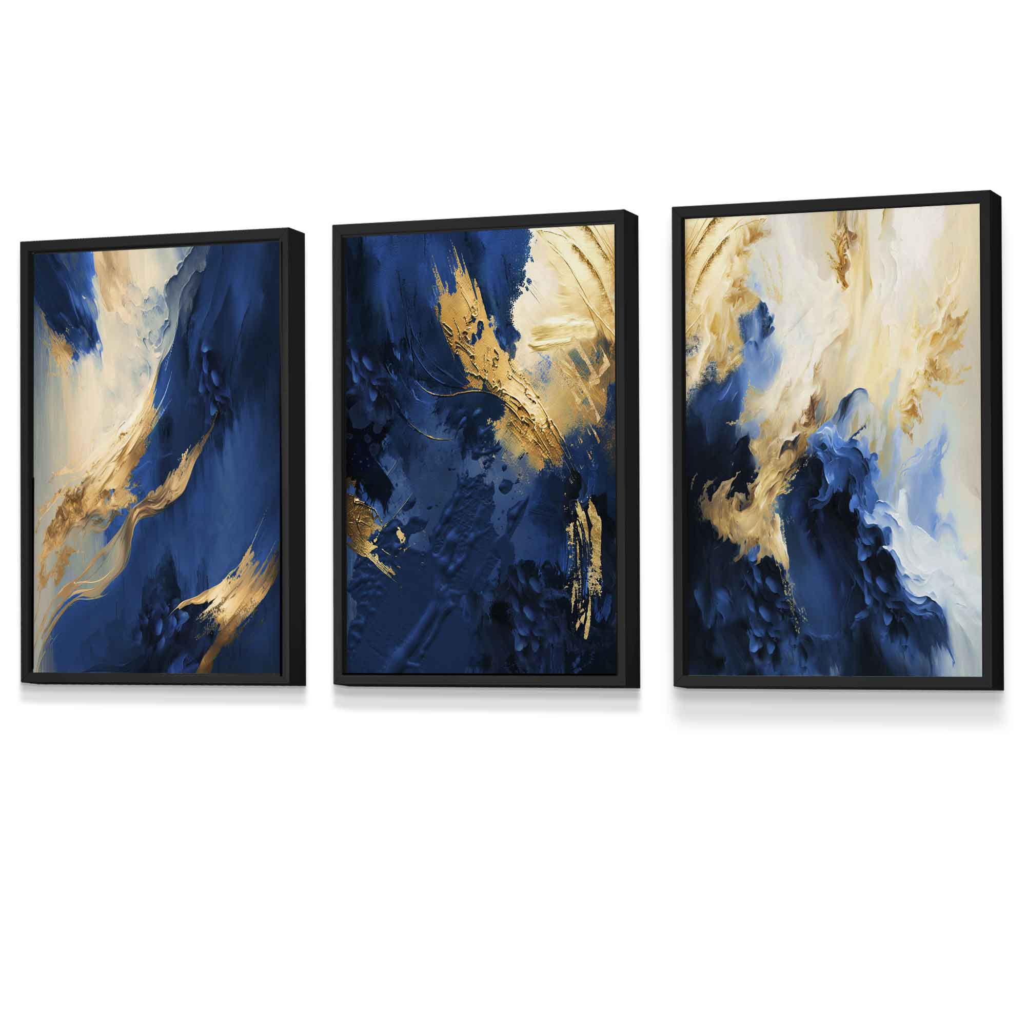 Abstract Framed Navy Blue and Gold Set of 3 Wall Art Prints | Artze Wall Art UK