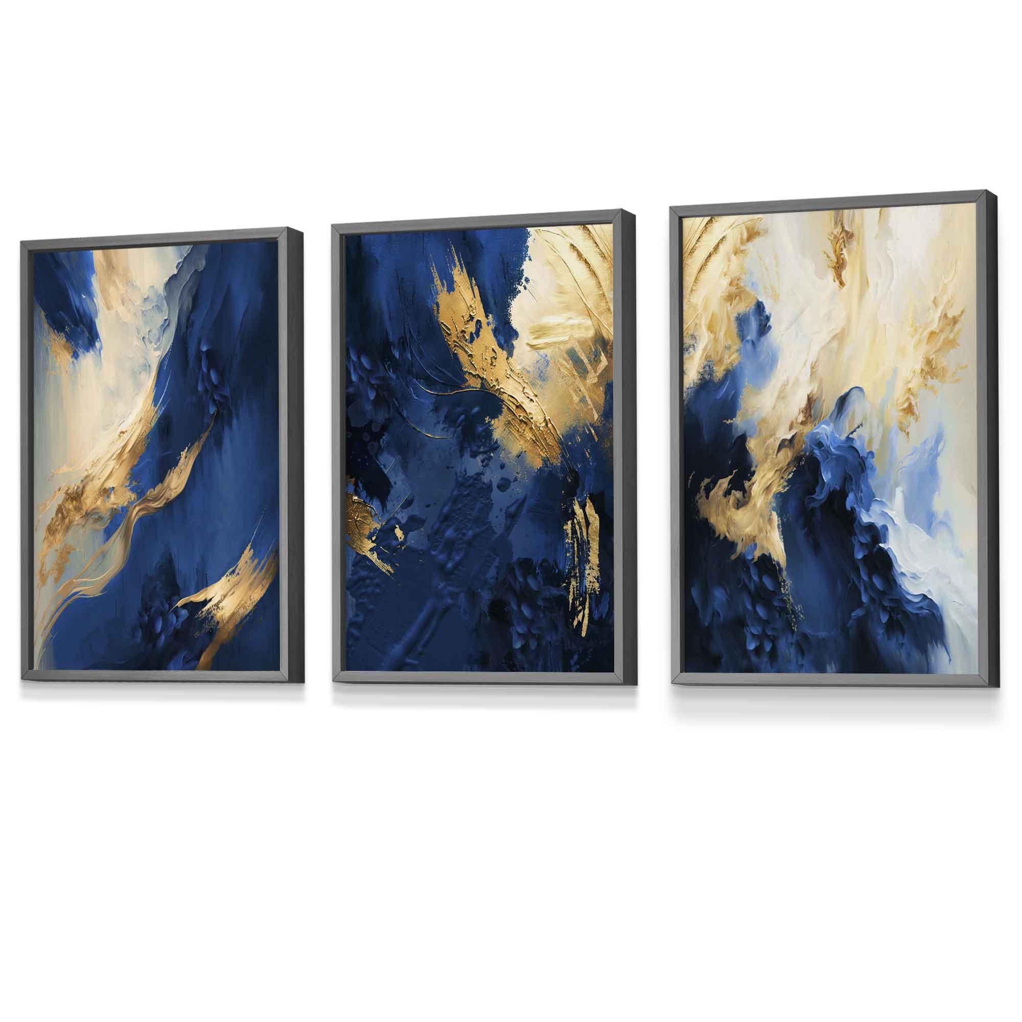 Abstract Framed Navy Blue and Gold Set of 3 Wall Art Prints | Artze Wall Art UK