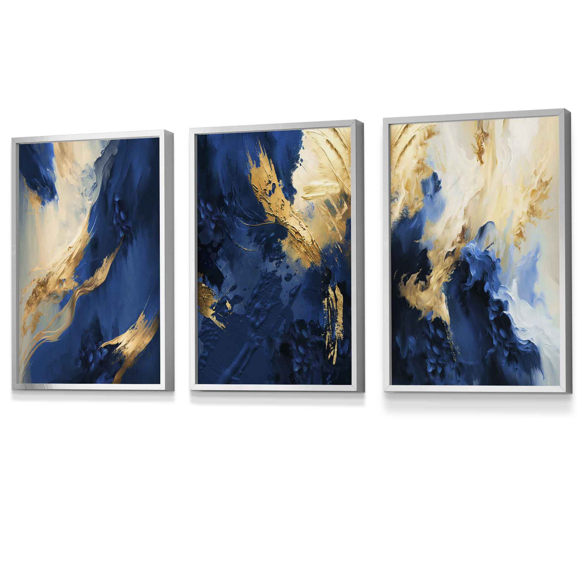 Abstract Framed Navy Blue and Gold Set of 3 Wall Art Prints | Artze Wall Art UK