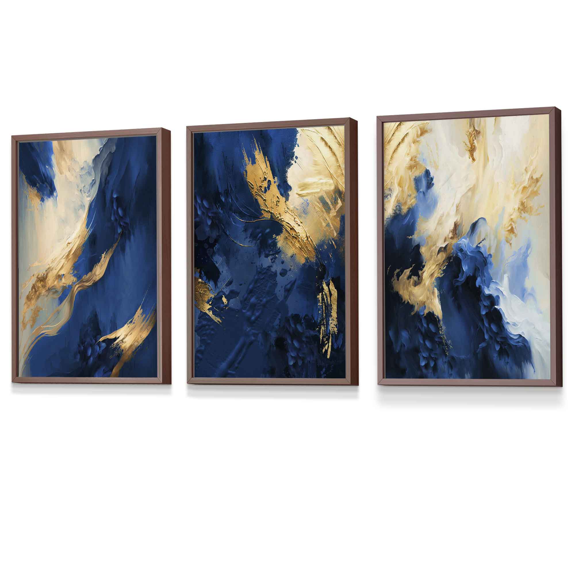 Abstract Framed Navy Blue and Gold Set of 3 Wall Art Prints | Artze Wall Art UK