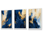 Abstract Framed Navy Blue and Gold Set of 3 Wall Art Prints | Artze Wall Art UK
