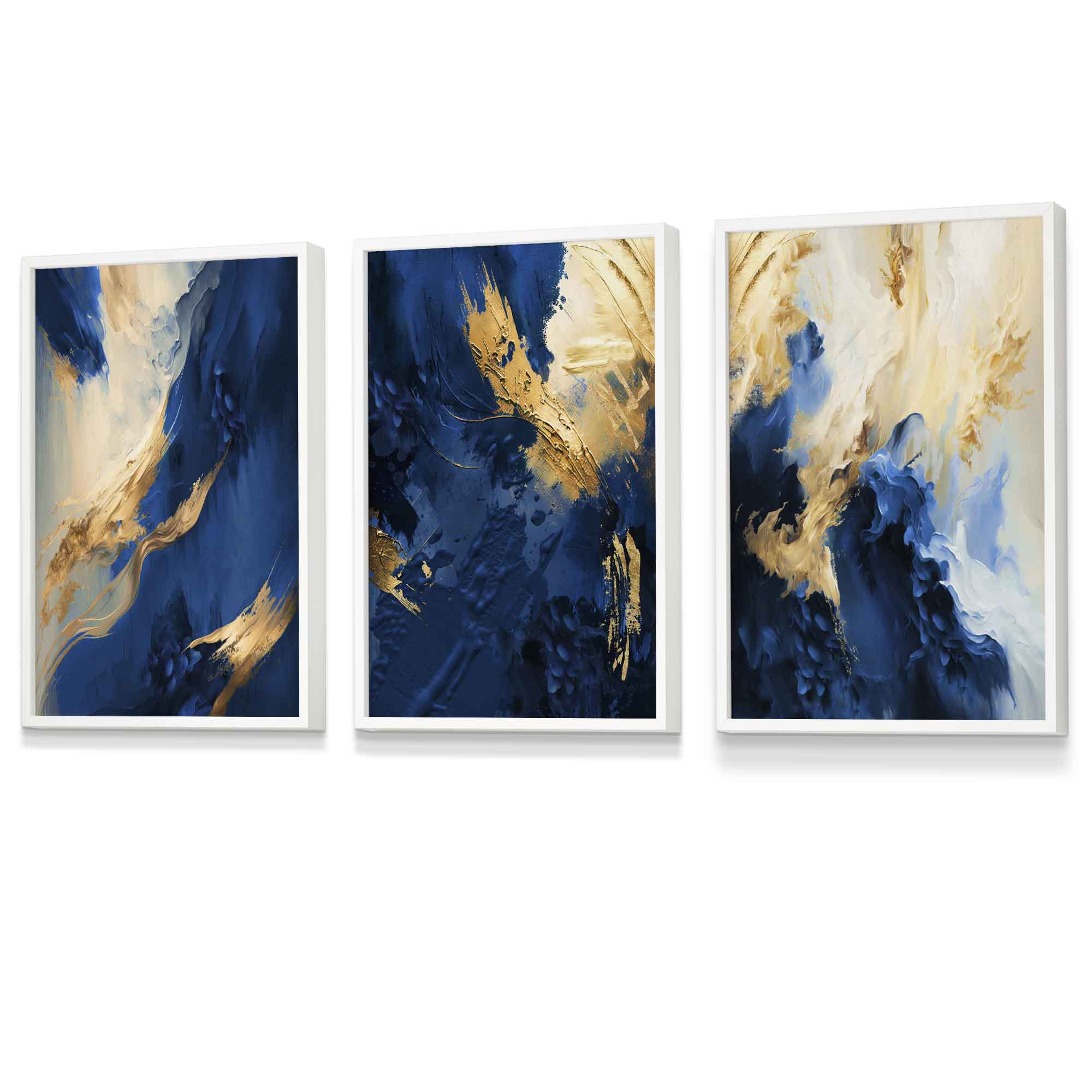 Abstract Framed Navy Blue and Gold Set of 3 Wall Art Prints | Artze Wall Art UK