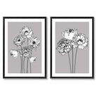 Grey Sketch Peonies Set of 2 Art Prints with Black Frame