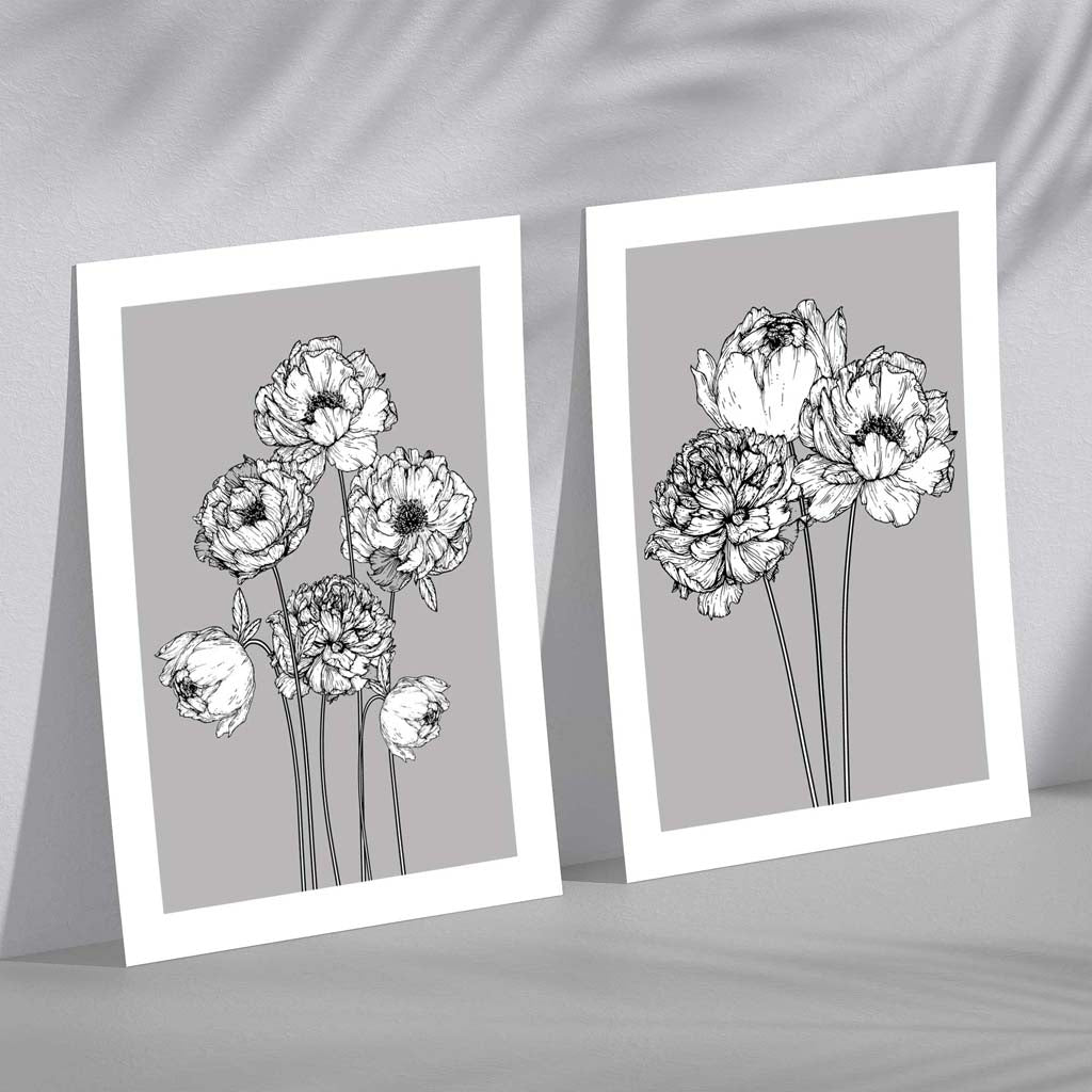 Grey Sketch Peonies Set of 2 Art Prints