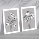 Grey Sketch Peonies Set of 2 Art Prints