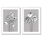 Grey Sketch Peonies Set of 2 Art Prints with White Frame