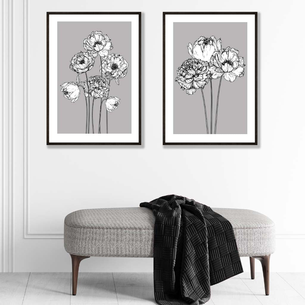 Grey Sketch Peonies Set of 2 Art Posters | Artze Wall Art UK