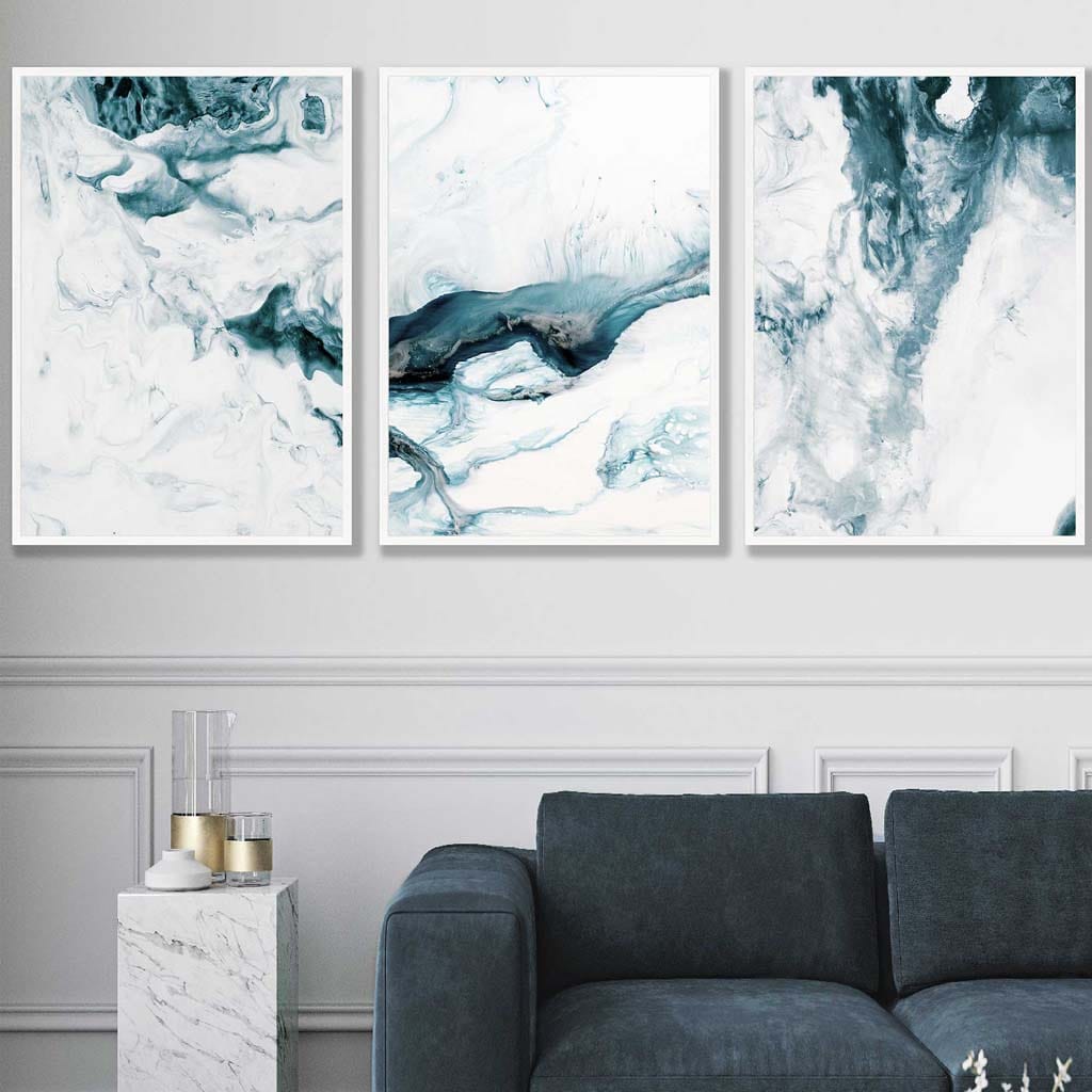 Abstract Teal and White Set of 3 Wall Art Prints