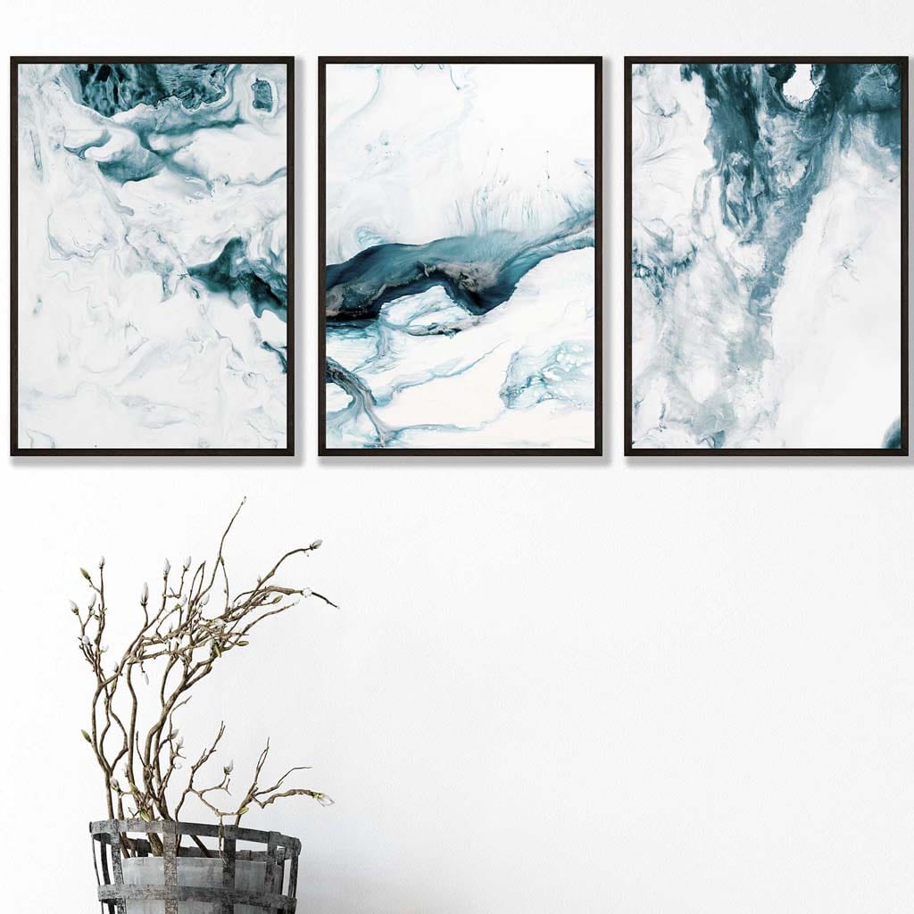 Abstract Teal and White Set of 3 Wall Art Prints