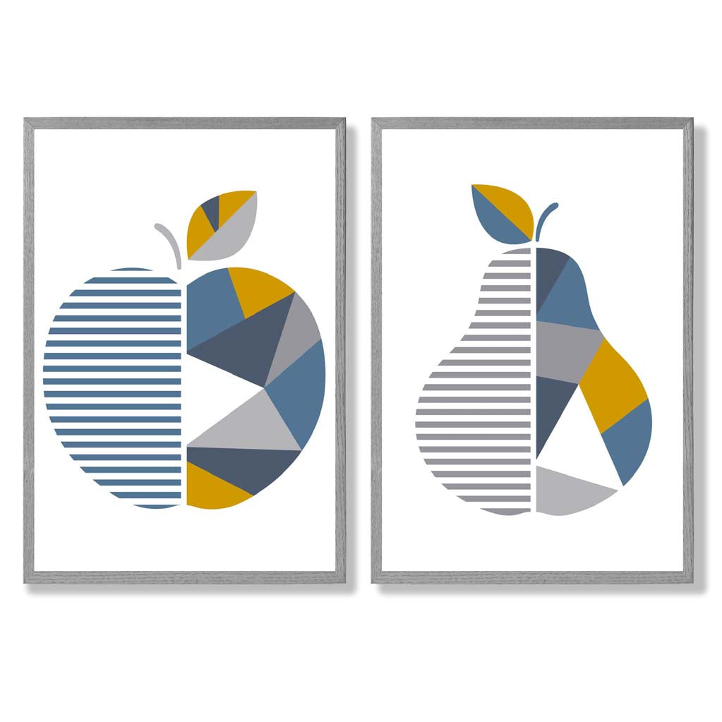 Grey,Blue Geometric Fruit Apple Set of 2 Art Prints with Light Grey Frame