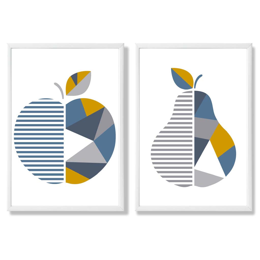 Grey,Blue Geometric Fruit Apple Set of 2 Art Prints with White Frame