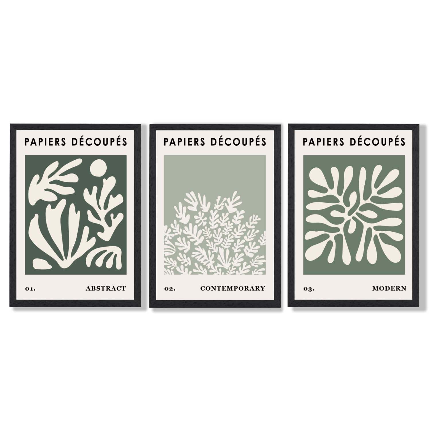 Matisse Floral Set of 3 in Green and Sage Framed Art Prints with Black Wooden Frames
