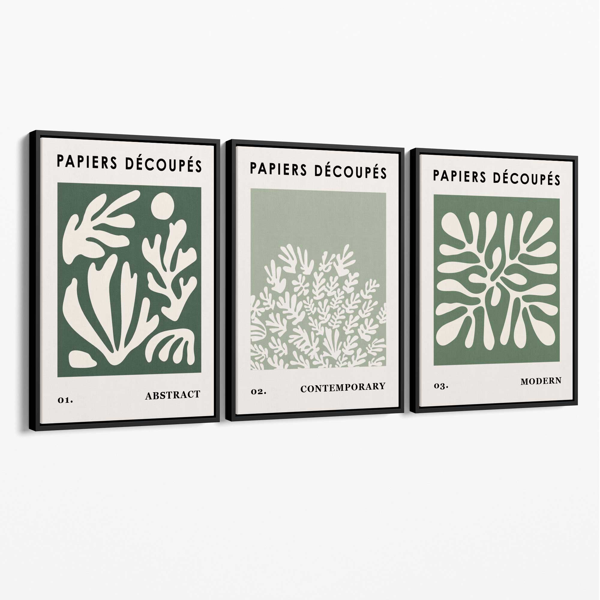 Matisse Floral Set of 3 in Green and Sage Canvas Art Prints with Black Float Frame