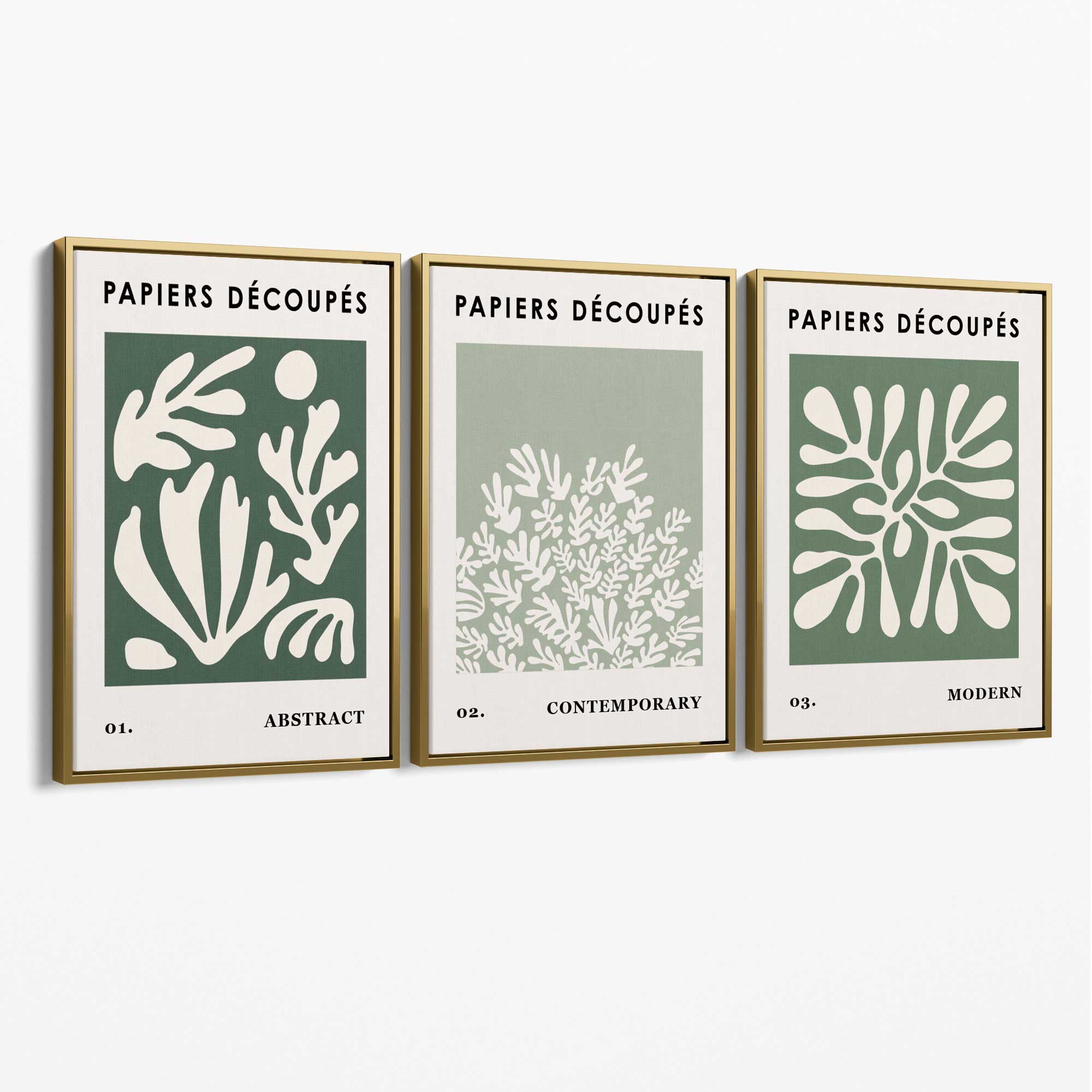 Matisse Floral Set of 3 in Green and Sage Canvas Art Prints with Gold Float Frame
