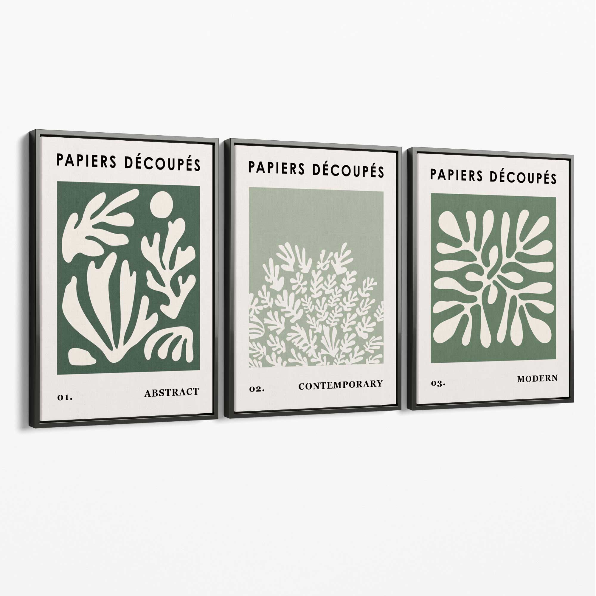 Matisse Floral Set of 3 in Green and Sage Canvas Art Prints with Grey Float Frame
