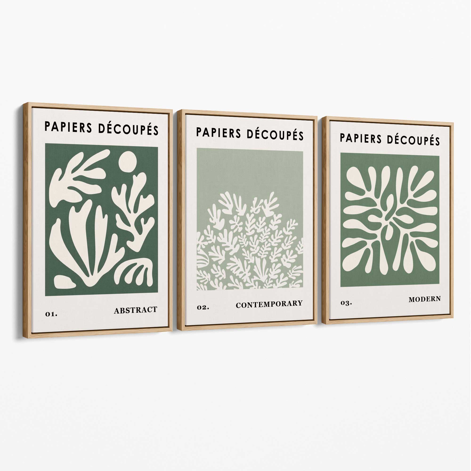 Matisse Floral Set of 3 in Green and Sage Canvas Art Prints with Oak Float Frame
