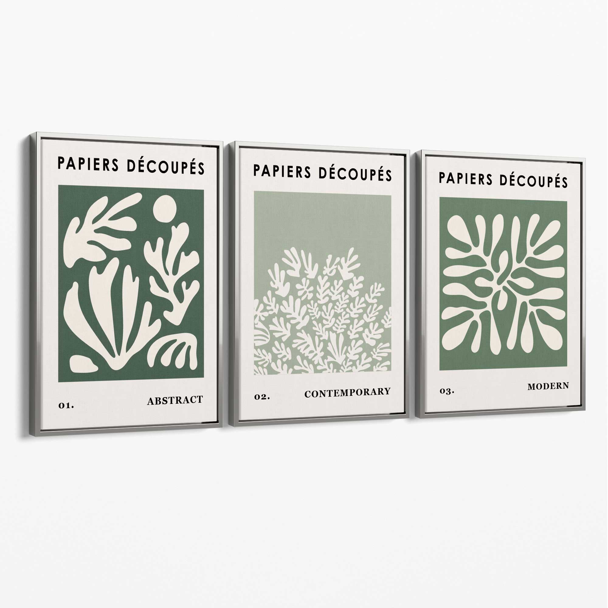 Matisse Floral Set of 3 in Green and Sage Canvas Art Prints with Silver Float Frame