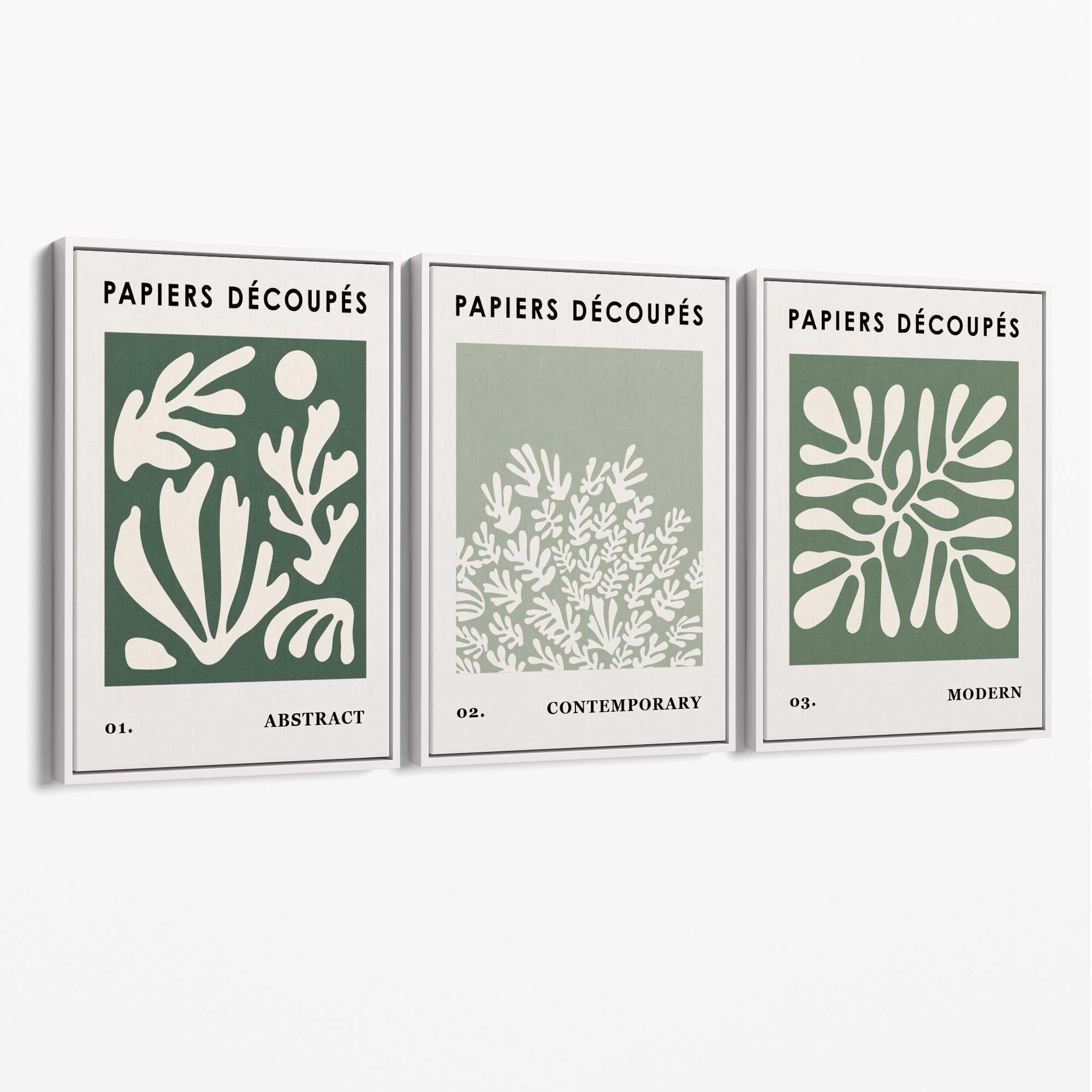 Matisse Floral Set of 3 in Green and Sage Canvas Art Prints with White Float Frame