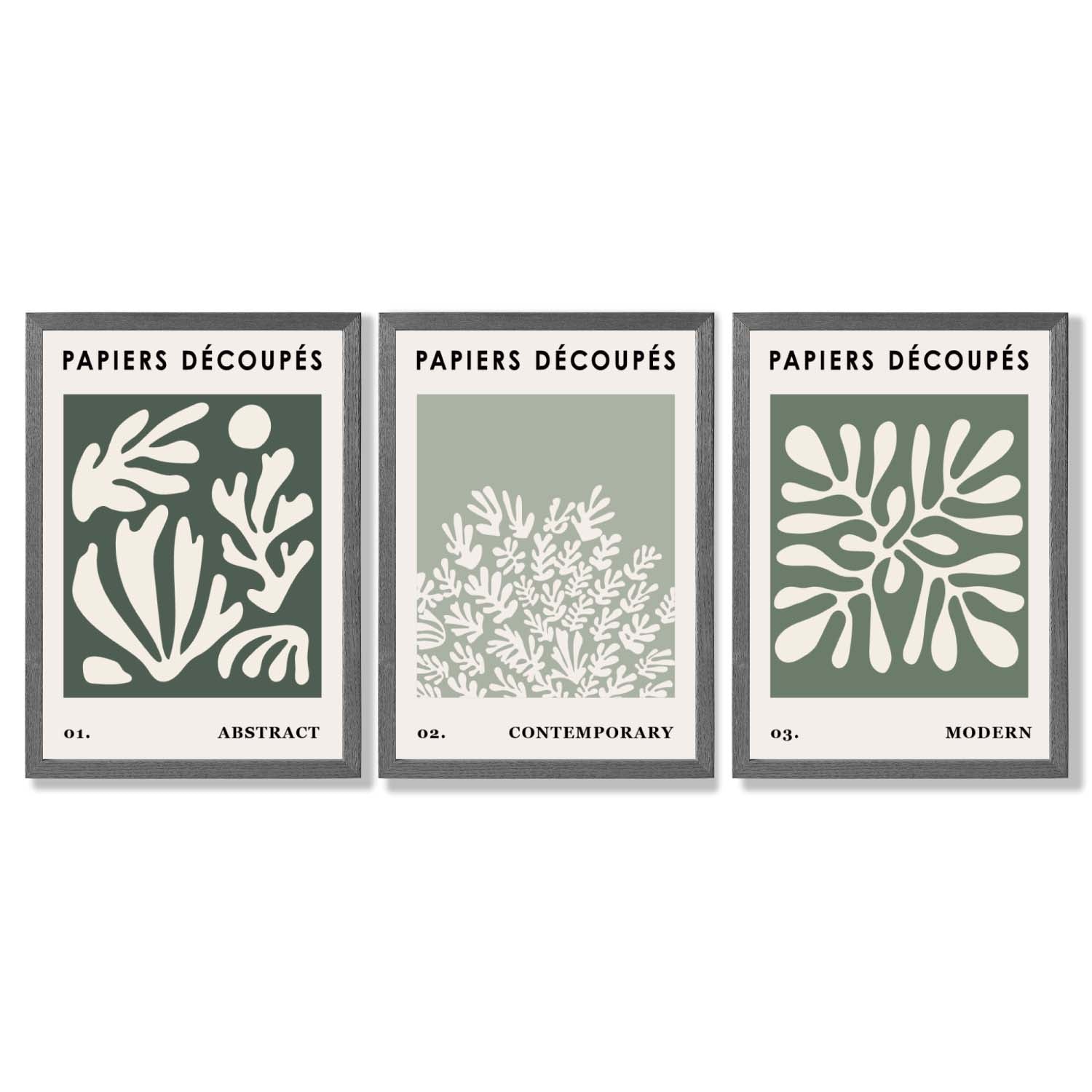 Matisse Floral Set of 3 in Green and Sage Framed Art Prints with Dark Grey Wooden Frames