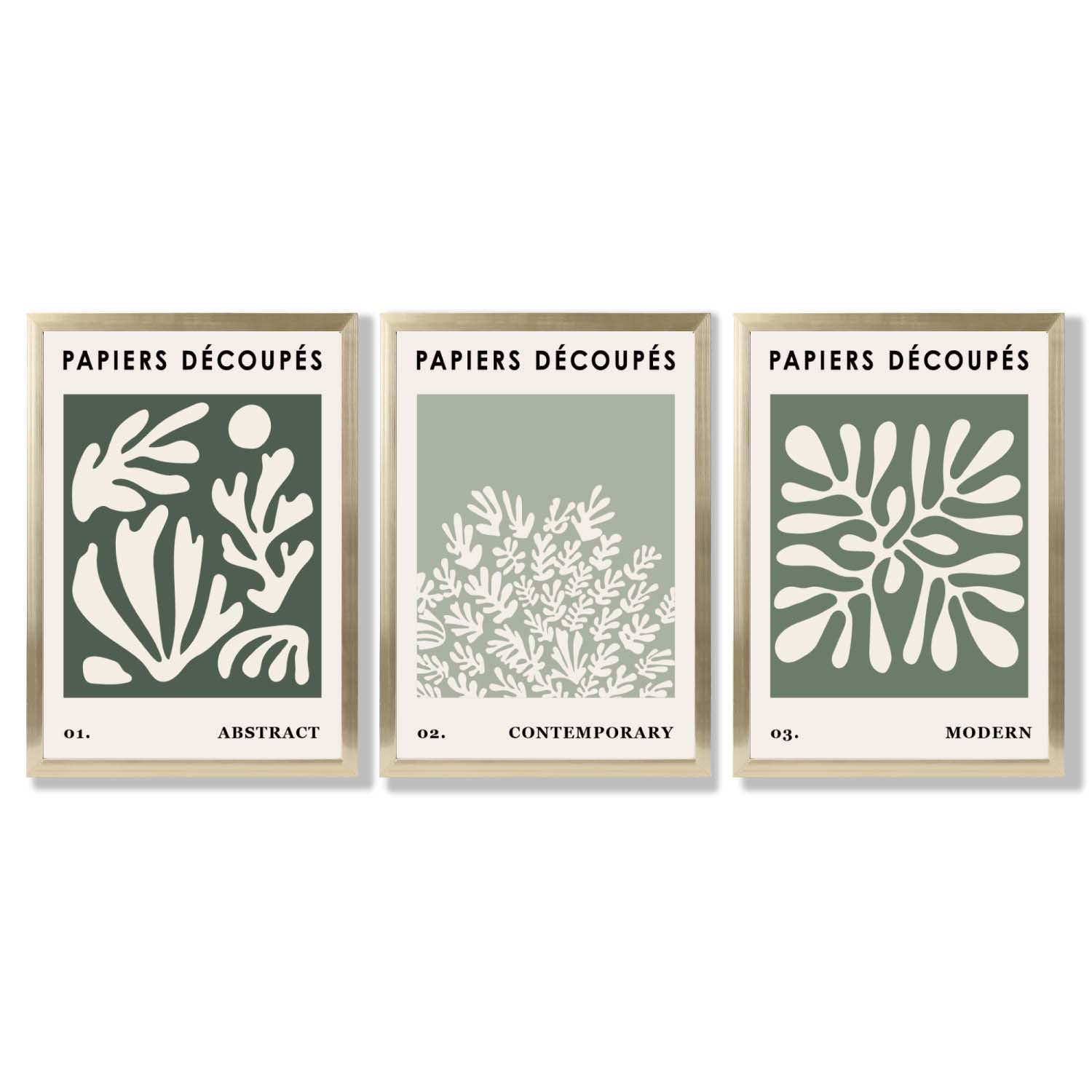 Matisse Floral Set of 3 in Green and Sage Framed Art Prints with Gold Wood Frames