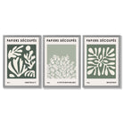 Matisse Floral Set of 3 in Green and Sage Framed Art Prints with Light Grey Wooden Frames