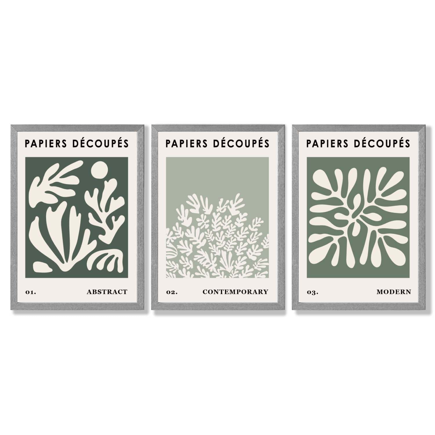 Matisse Floral Set of 3 in Green and Sage Framed Art Prints with Light Grey Wooden Frames