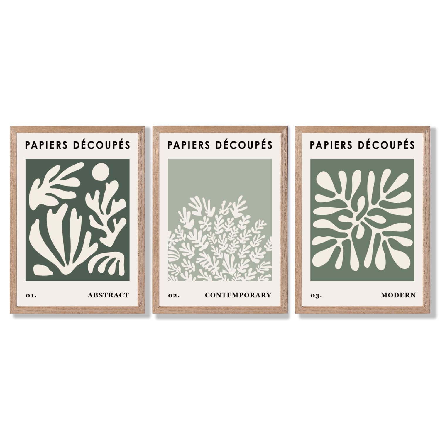 Matisse Floral Set of 3 in Green and Sage Framed Art Prints with Light Oak Frames