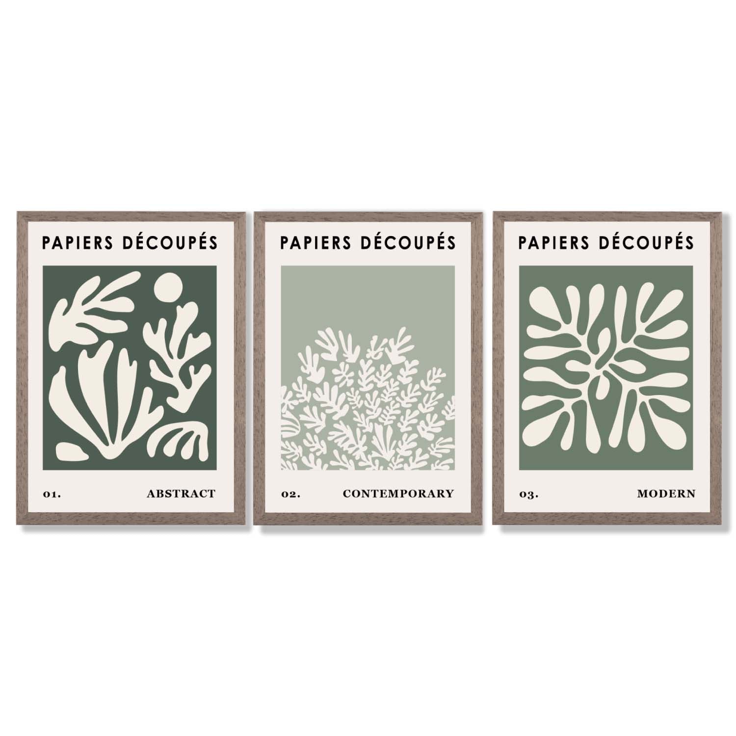 Matisse Floral Set of 3 in Green and Sage Framed Art Prints with Light Walnut Frames
