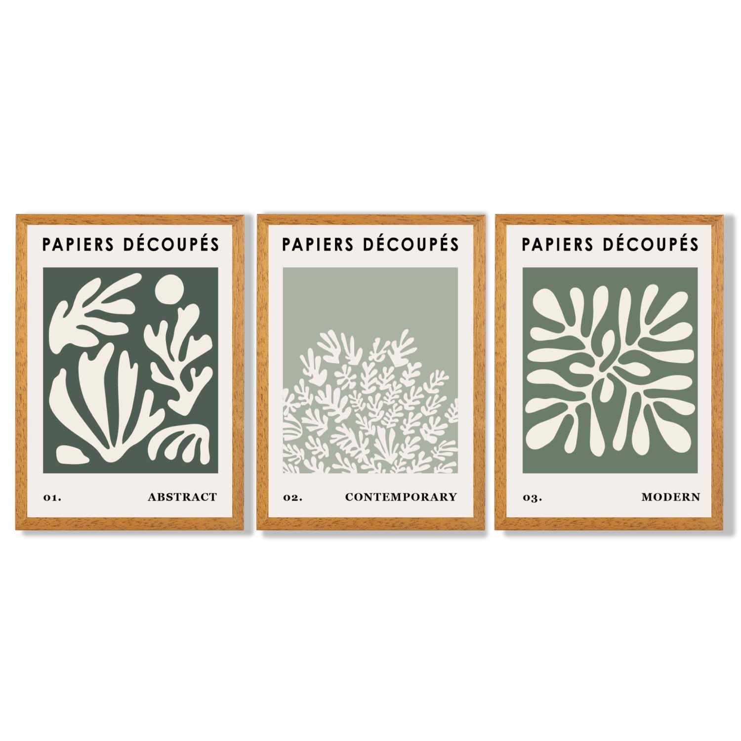 Matisse Floral Set of 3 in Green and Sage Framed Art Prints with Oak Wooden Frames