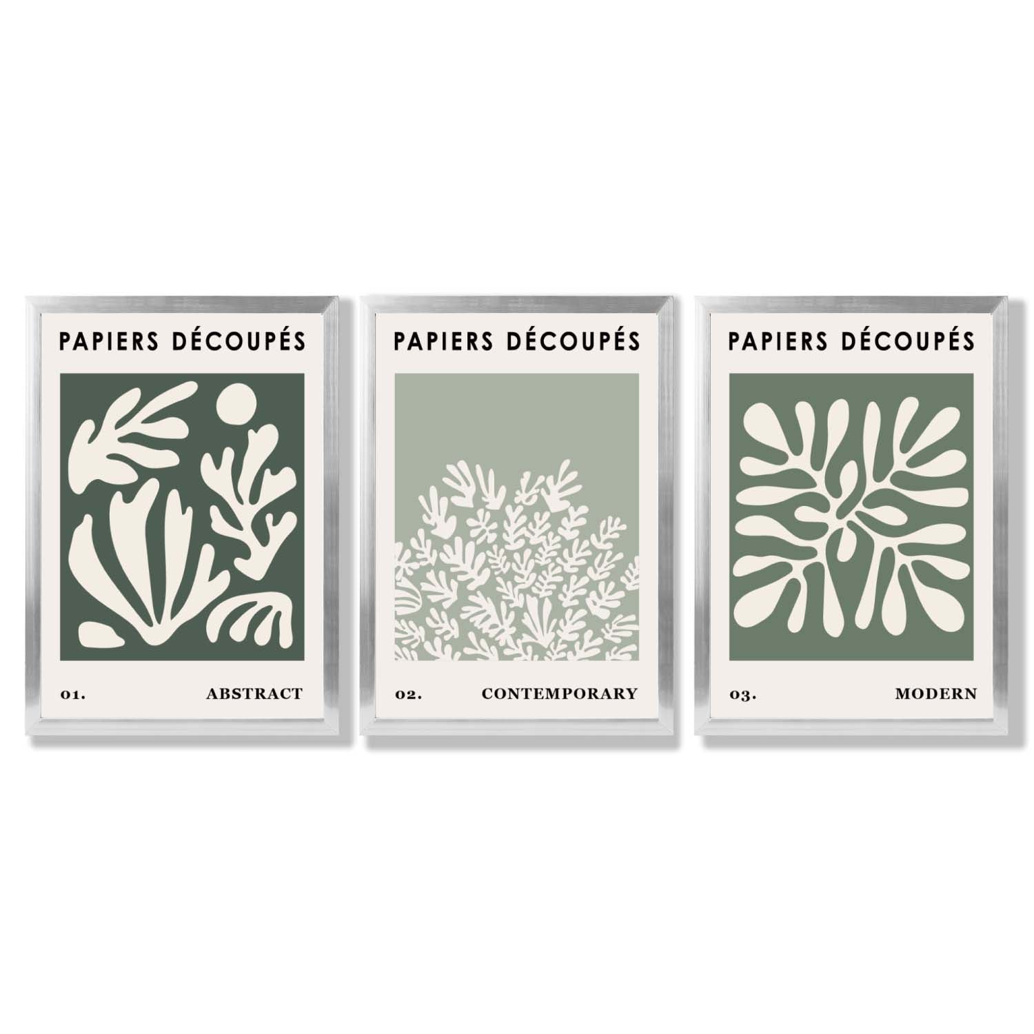 Matisse Floral Set of 3 in Green and Sage Framed Art Prints with Silver Wood Frames