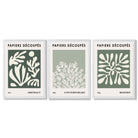 Matisse Floral Set of 3 in Green and Sage Framed Art Prints with White Wooden Frames